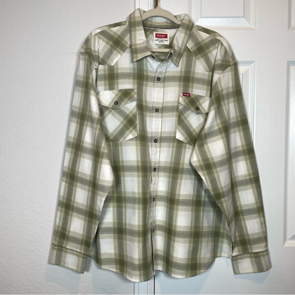 Wrangler 5 Star Premium Olive Plaid Cotton Blend Button Down Shirt NWT Size 3XL